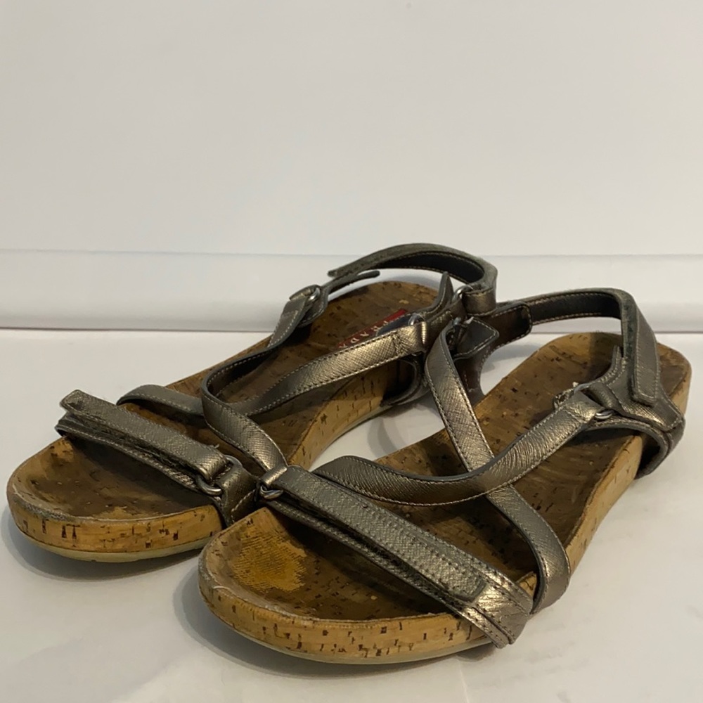 Prada Silver Metallic and Cork Strappy Sandals